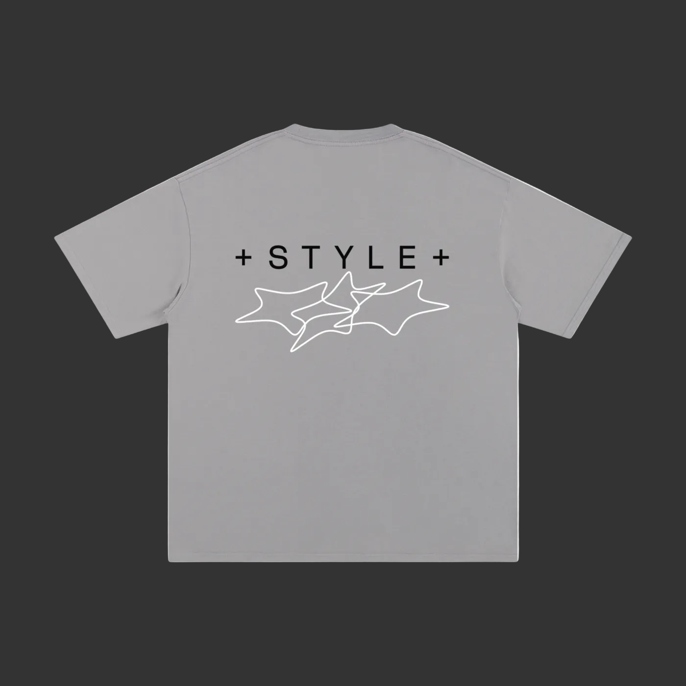 A light gray short-sleeve t-shirt shown from the back, featuring a black '+STYLE+' text graphic and a white line art star design printed on the center.