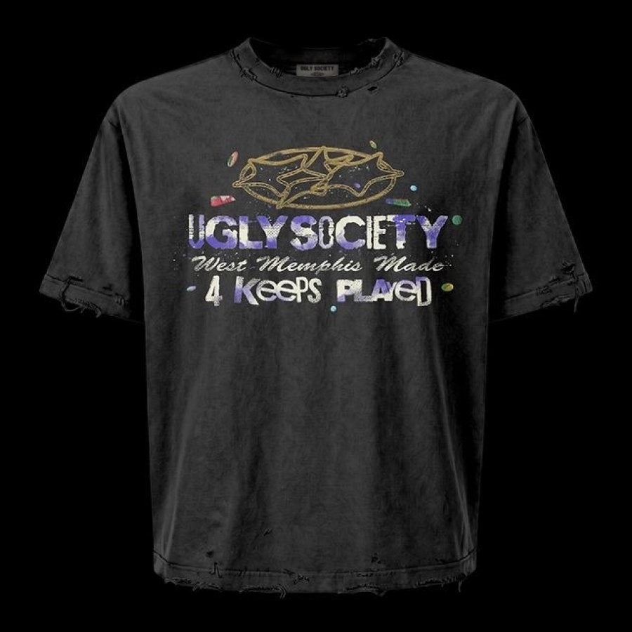 Ugly Society 4 Keeps Played Tee in black, front view, West Memphis Made gold star streetwear tee