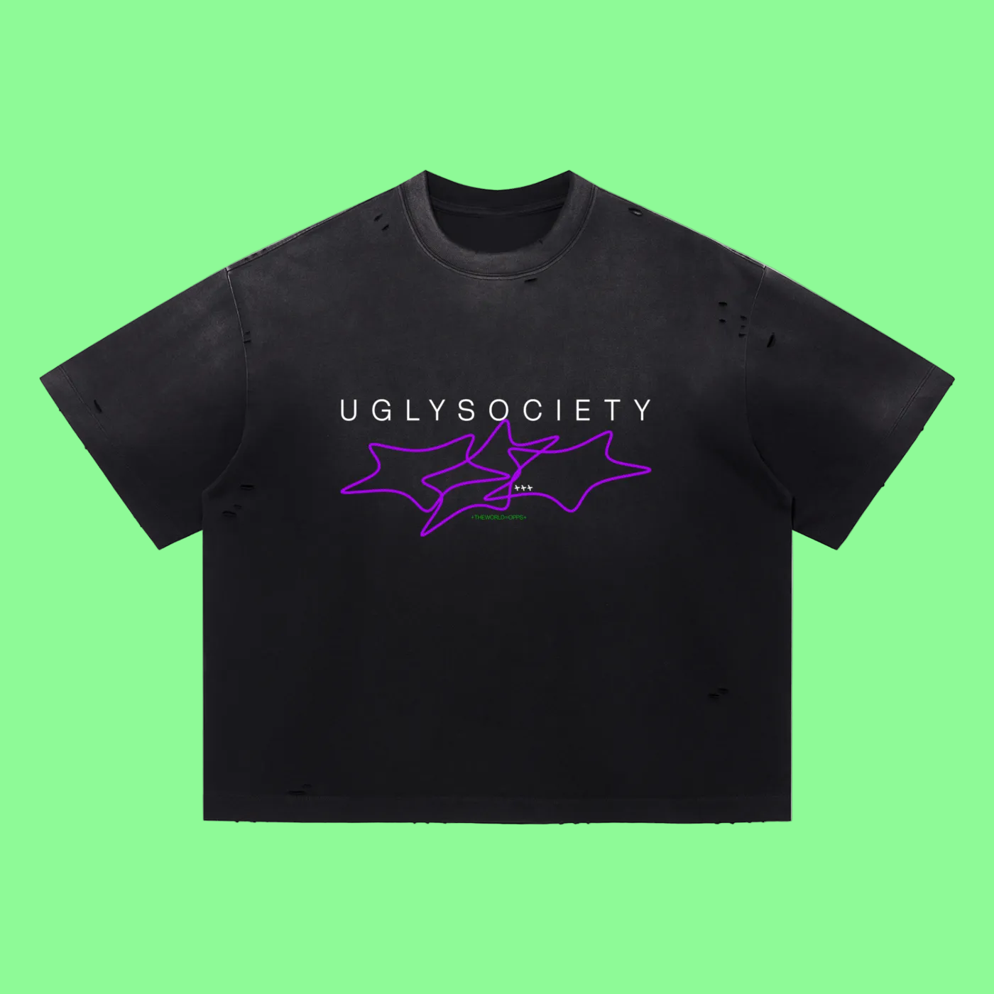 Black t-shirt with 'UGLY SOCIETY' text and purple logo on a white background