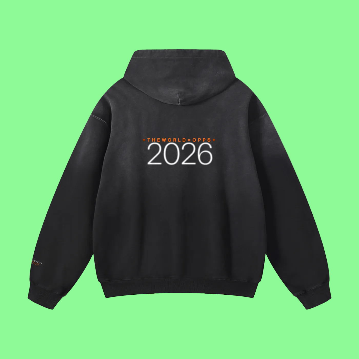 Black hoodie with '2026' printed on the back against a white background