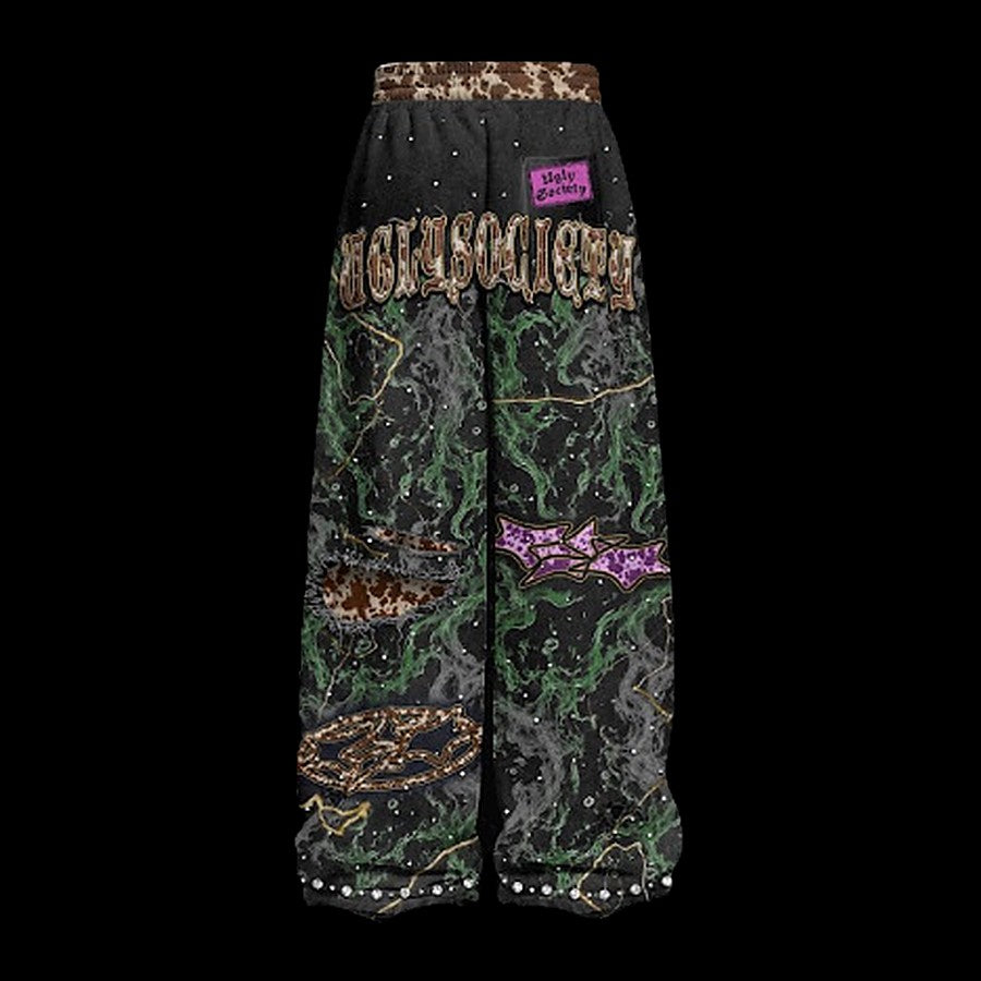 Ugly Society Leopard Star Sweatpants in cow print, back view, wide-leg streetwear sweatpants