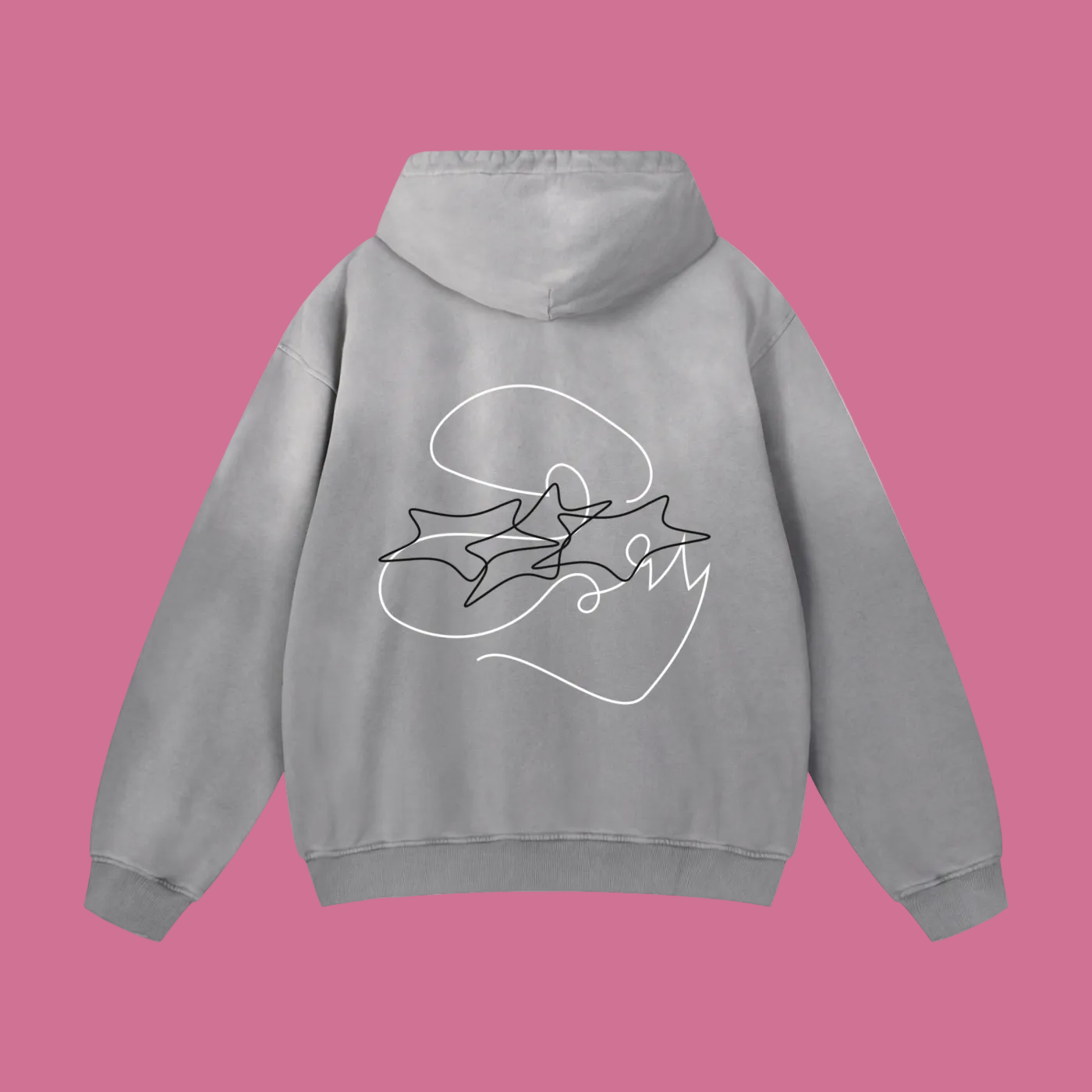 A light gray pullover hoodie shown from the back, featuring a white line art graphic of three stars inside a circle with the word 'SOM' written in cursive.