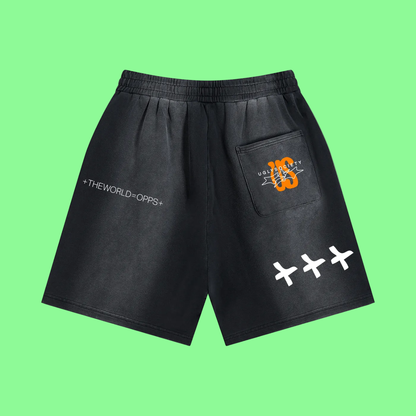 Black shorts with logos and text on a white background