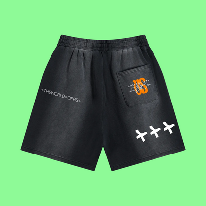 Black shorts with logos and text on a white background