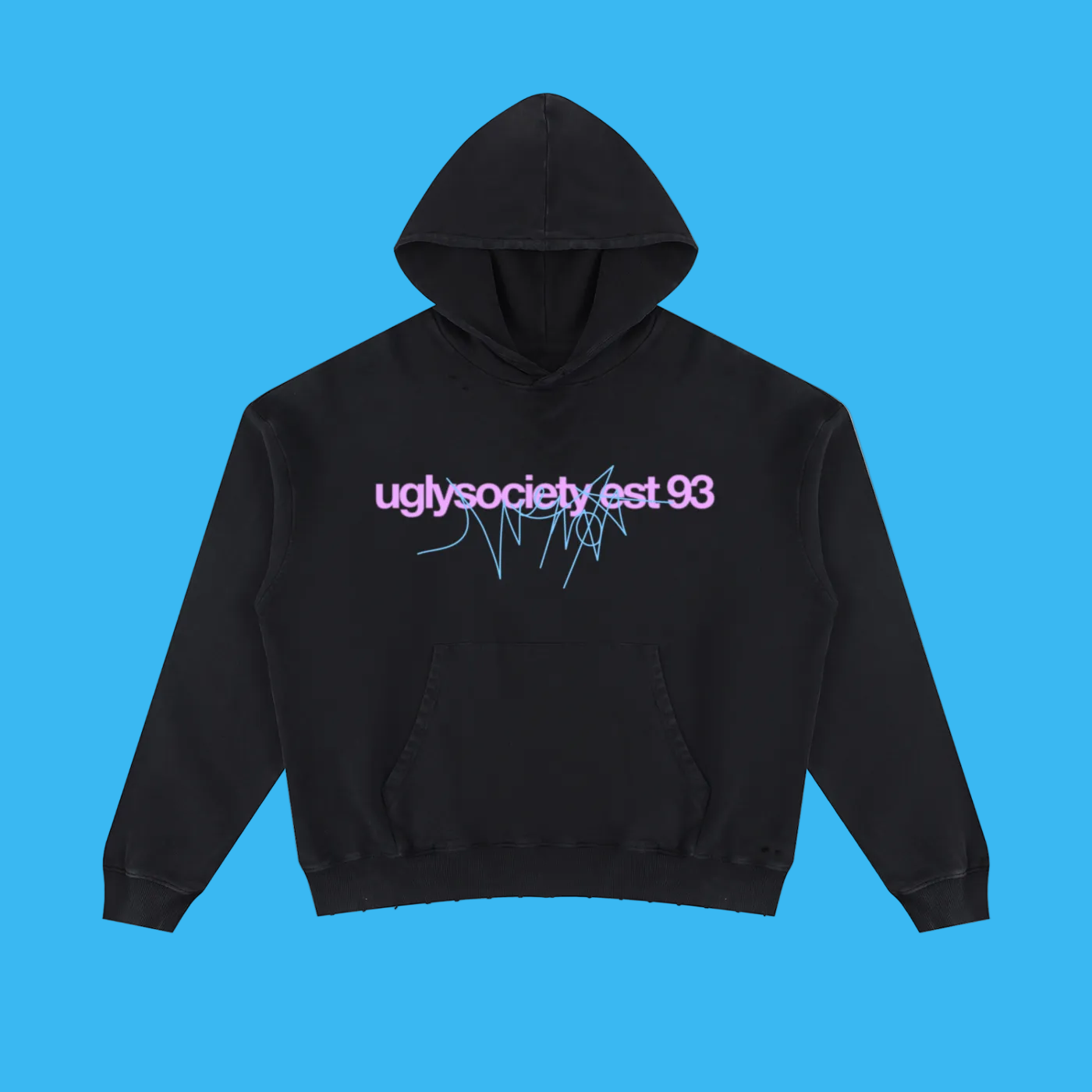 A black pullover hoodie with a front kangaroo pocket and a graphic print on the chest reading 'uglysociety est 93' in purple, accented with blue sketch lines, shown on a plain white background.