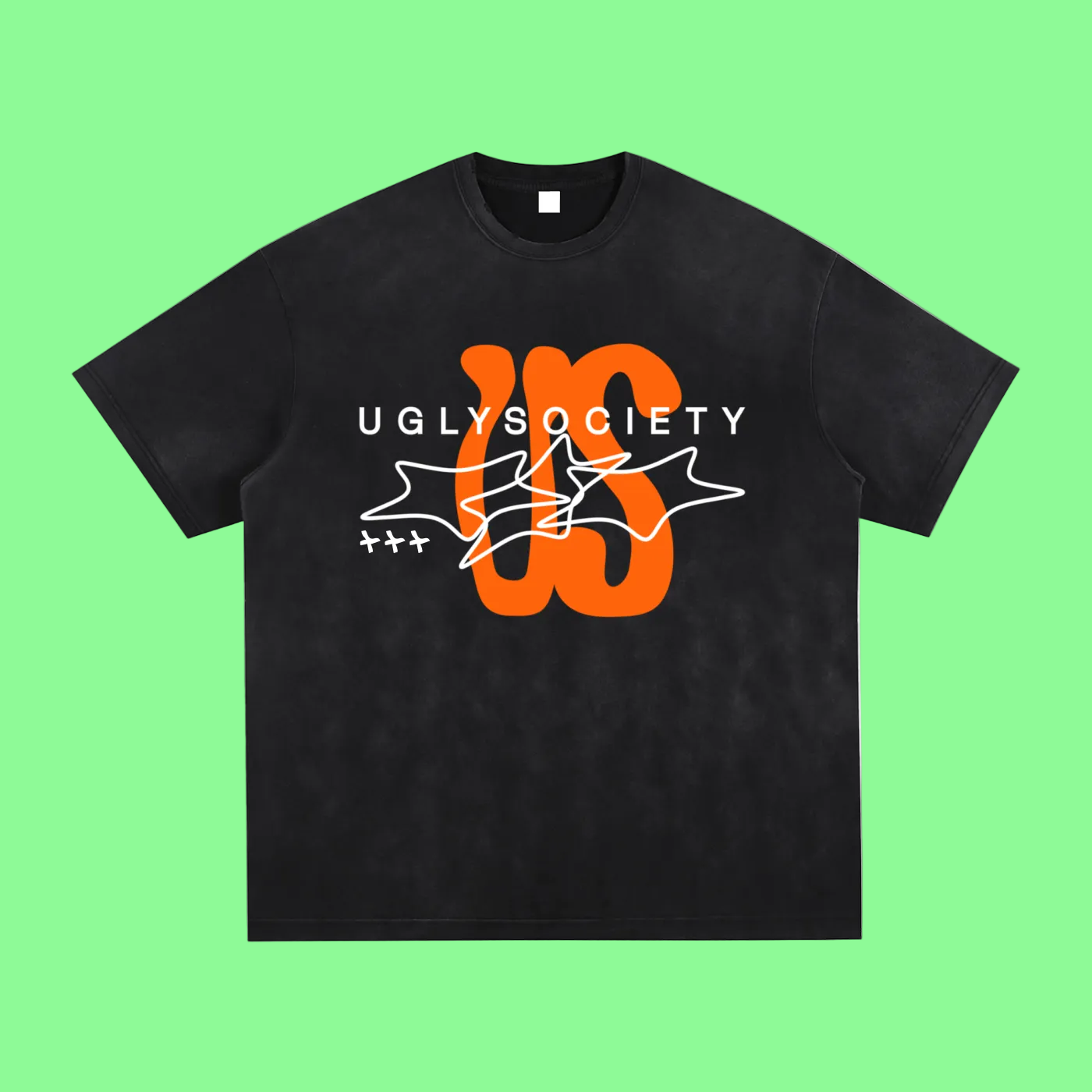 Black t-shirt with orange and white graphic design on a white background