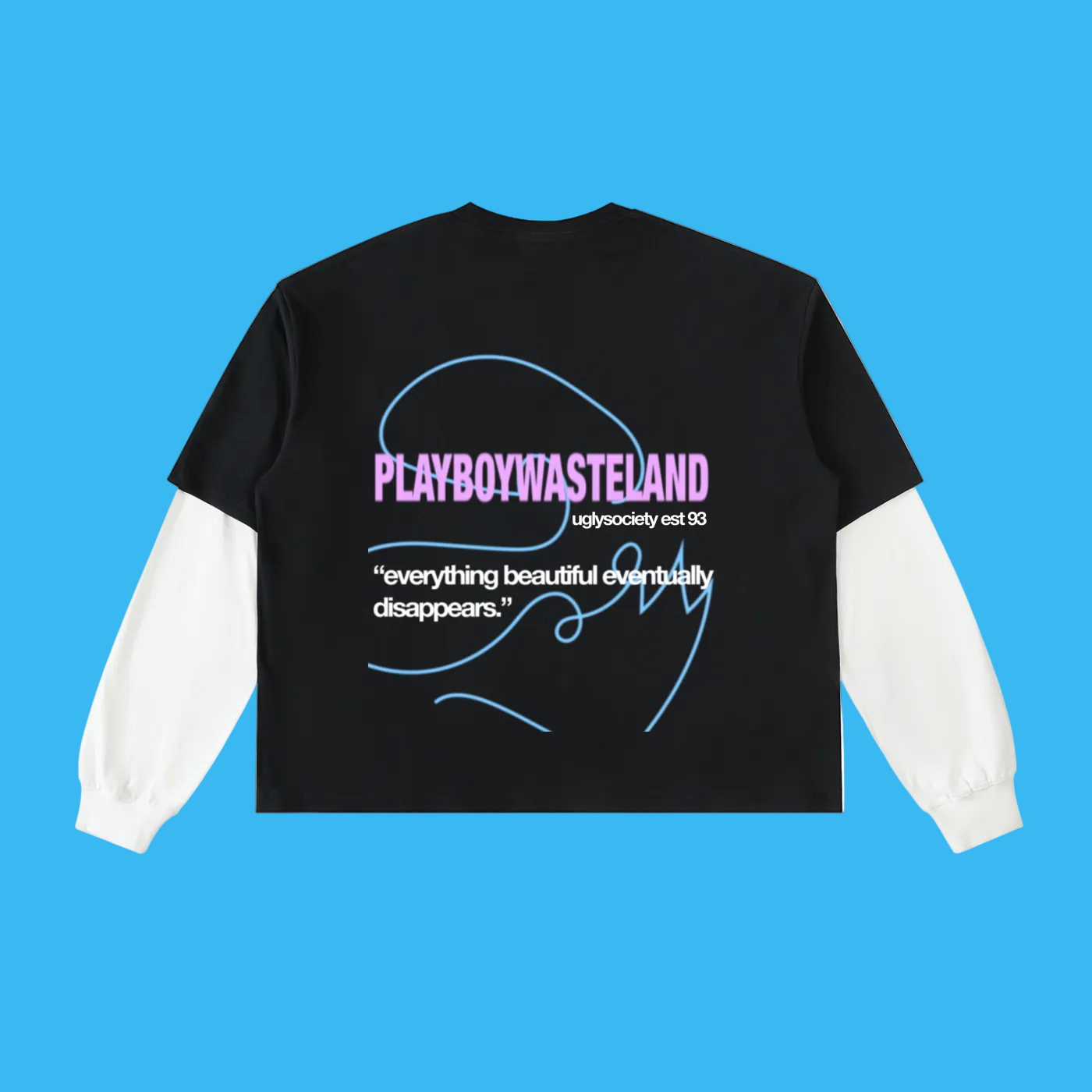 A black long-sleeve t-shirt with white sleeves, shown from the back. The back features a graphic print with the text 'PLAYBOYWASTELAND' in pink, a blue line-art signature, and a quote in white.