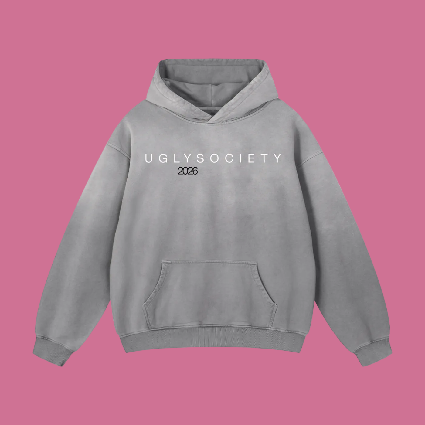 A light gray hooded sweatshirt with 'UGLYSOCIETY 2026' printed in white across the chest, displayed on a clean white background.