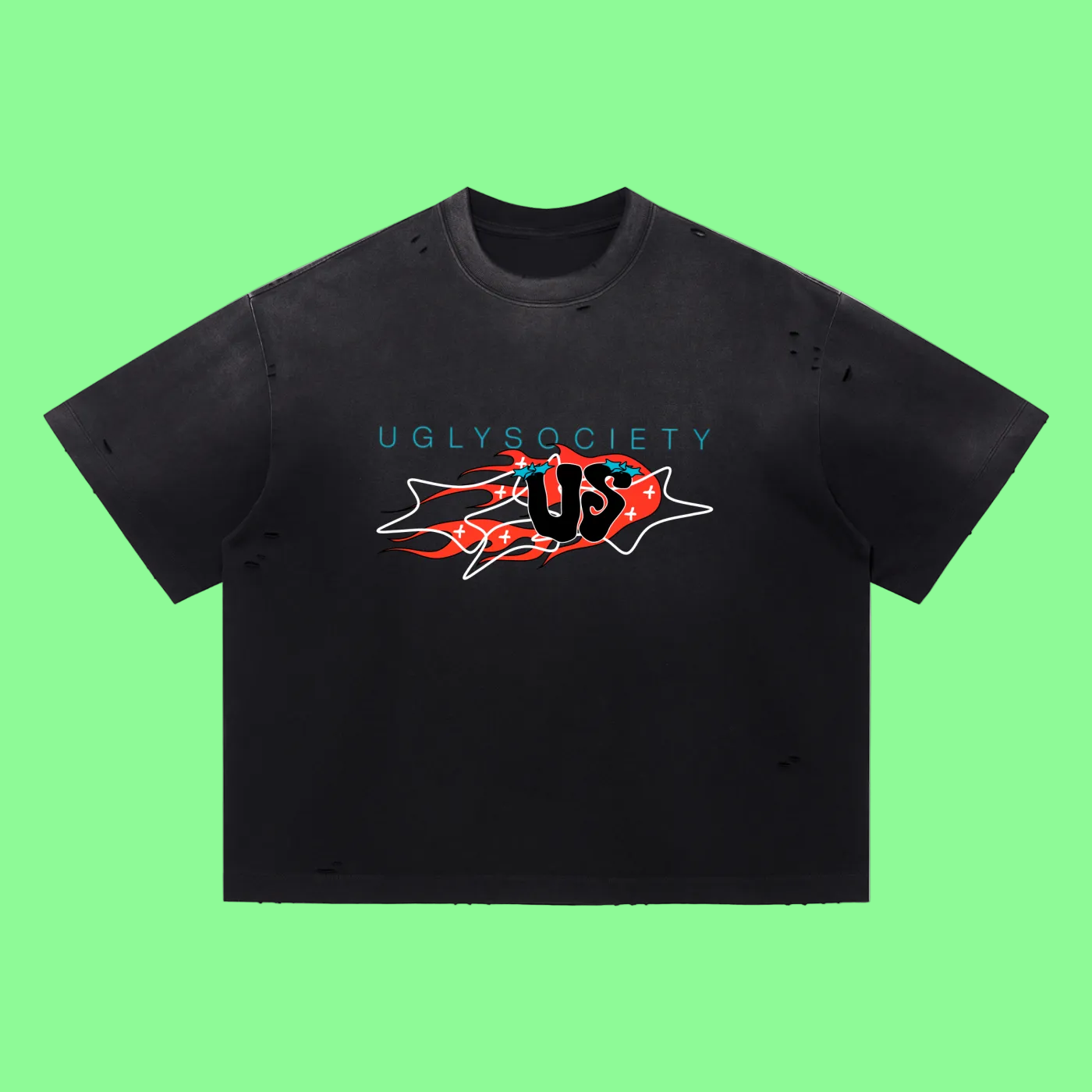 Black t-shirt with a colorful graphic and text on a white background