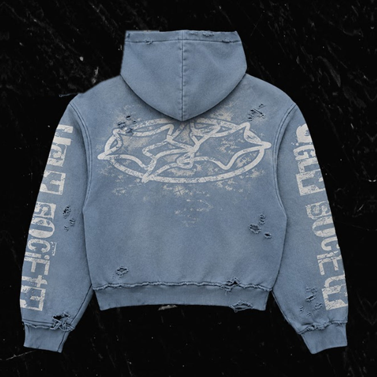 Ugly Society Always Beefing Hoodie in slate blue, back view, distressed graphic streetwear hoodie