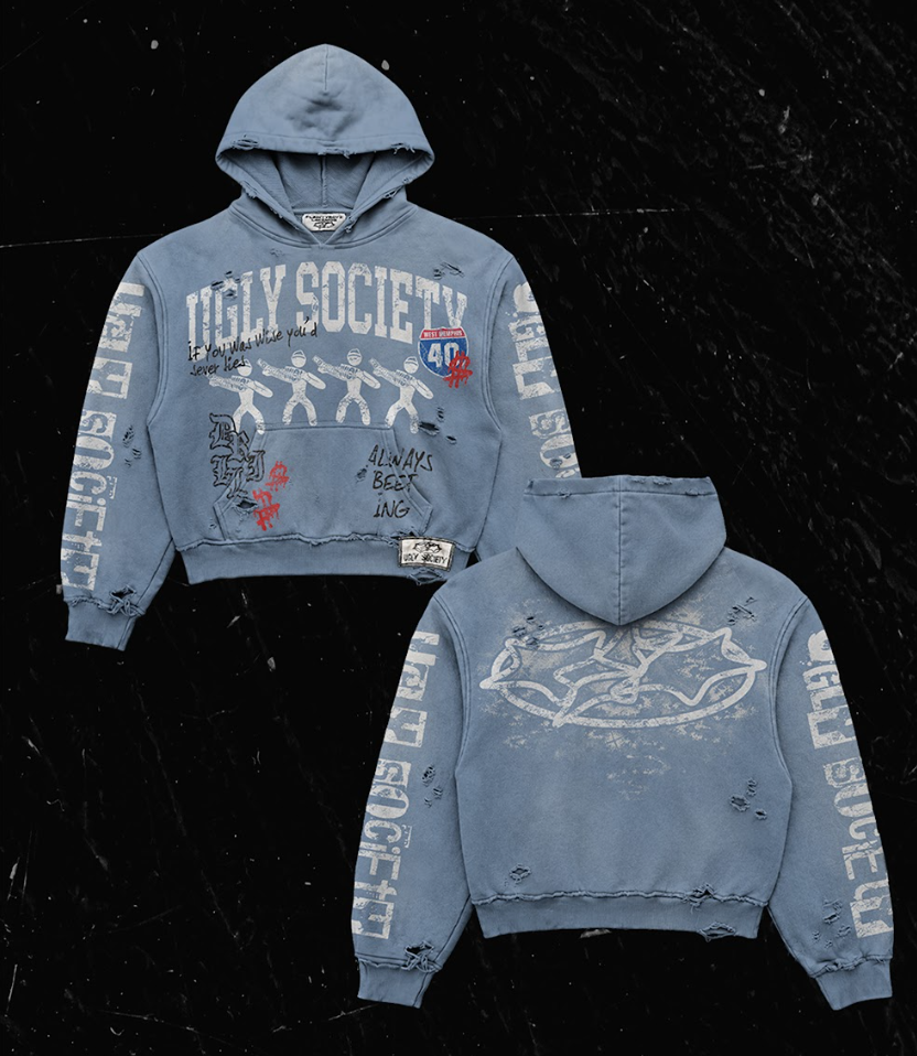 Ugly Society Always Beefing Hoodie in slate blue, front and back view, West Memphis streetwear