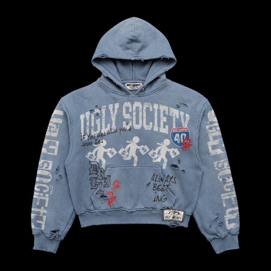 Ugly Society Always Beefing Hoodie in distressed slate blue, front view, West Memphis 40 shield streetwear hoodie