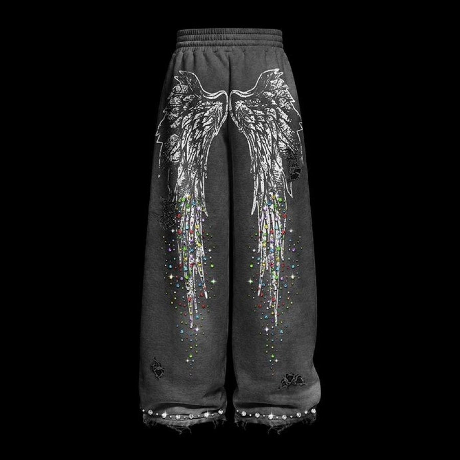 Ugly Society Angel Wing Sweatpants in black, back view, angel wing print wide-leg streetwear sweatpants