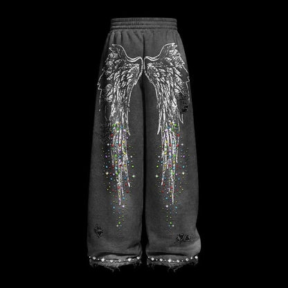 Ugly Society Angel Wing Sweatpants in black, back view, angel wing print wide-leg streetwear sweatpants
