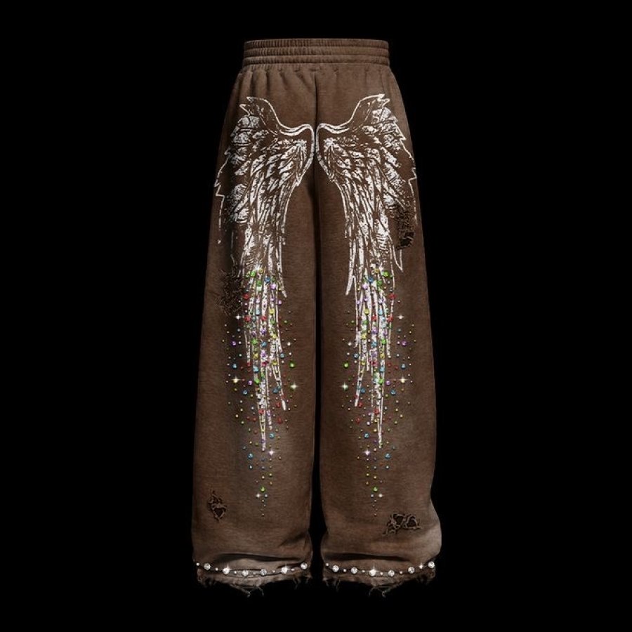 Ugly Society Angel Wing Sweatpants in brown, back view, angel wing print wide-leg streetwear sweatpants