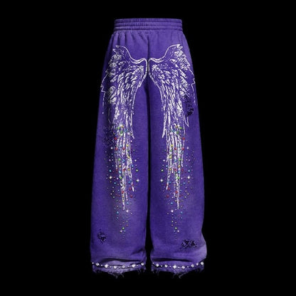 Ugly Society Angel Wing Sweatpants in purple, back view, angel wing print wide-leg streetwear sweatpants