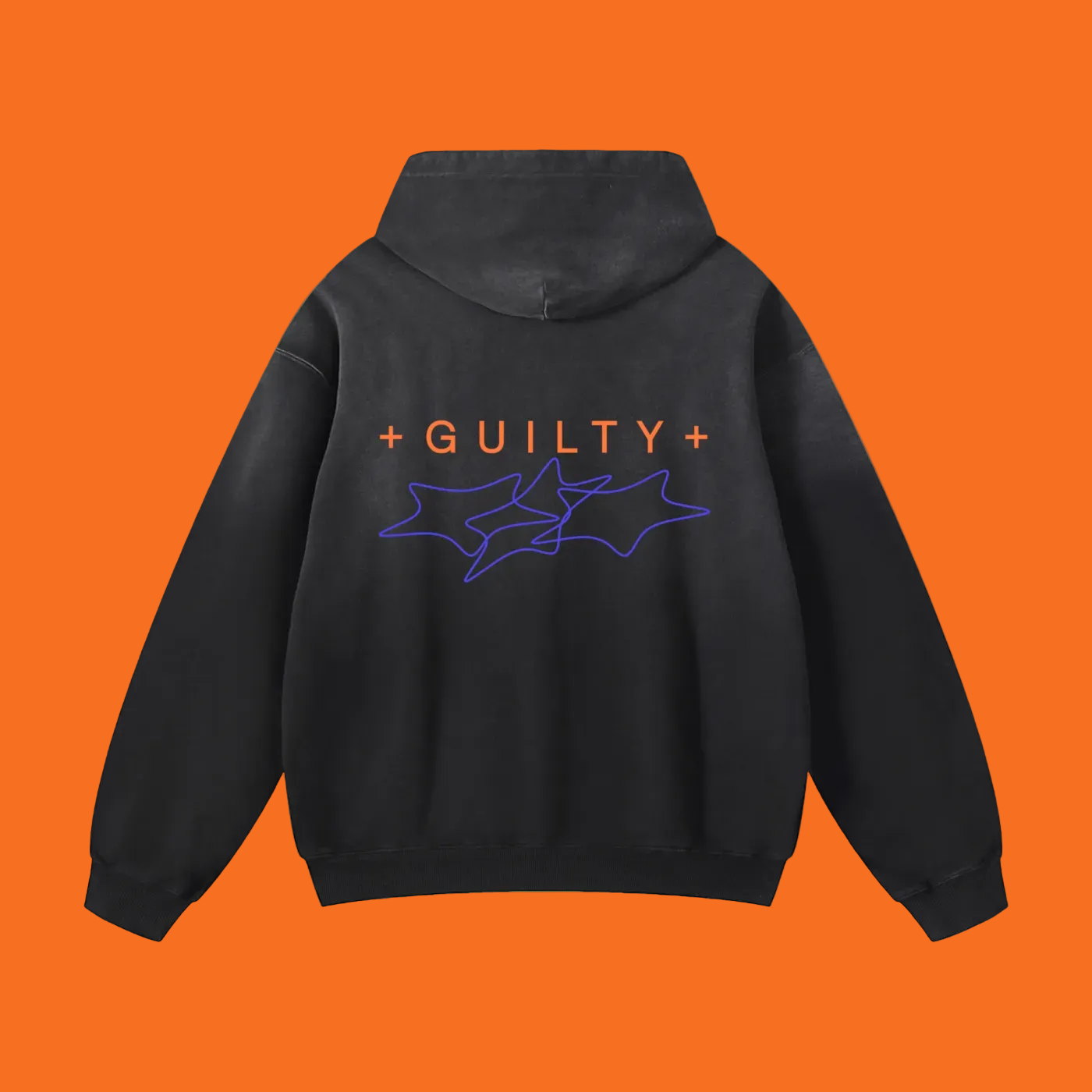A black pullover hoodie shown from the back, featuring the word “GUILTY” in orange text with purple outline star graphics underneath, displayed on a clean white background.