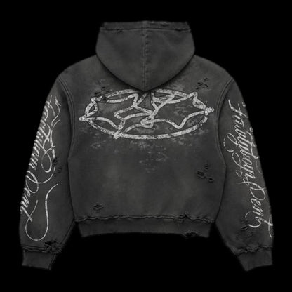 Ugly Society West Memphis Hoodie in black, back view, distressed West Memphis streetwear hoodie