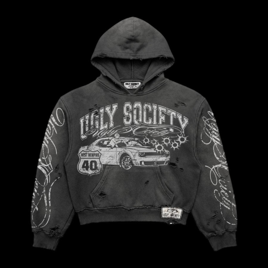 Ugly Society West Memphis Hoodie in black, front view, Challenger car graphic streetwear hoodie