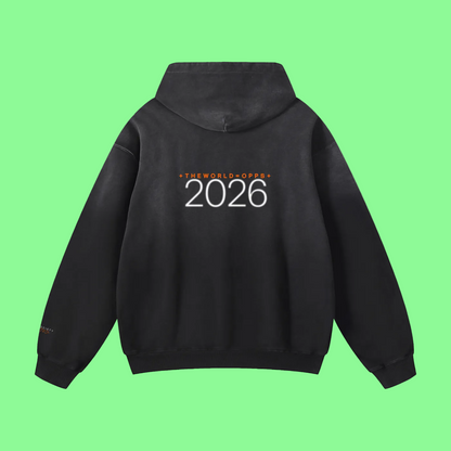 Black hoodie with '2026' printed on the back against a white background
