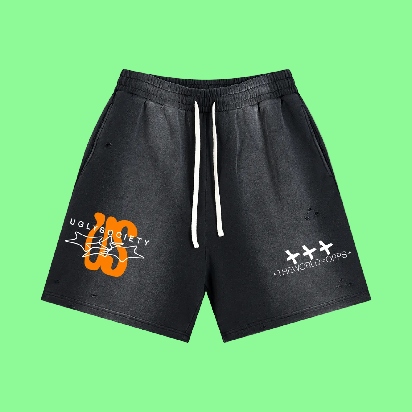 Black shorts with logos on a white background