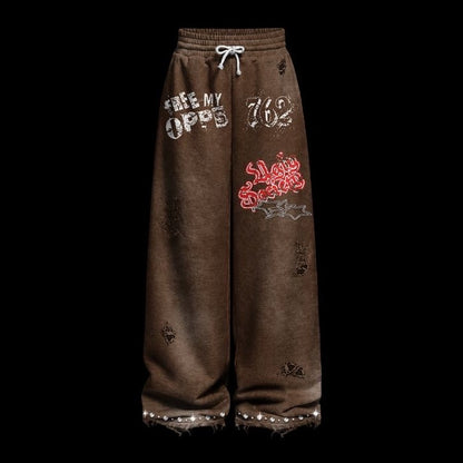 Ugly Society Free My Opps 762 Sweatpants in brown, front view, wide-leg streetwear sweatpants