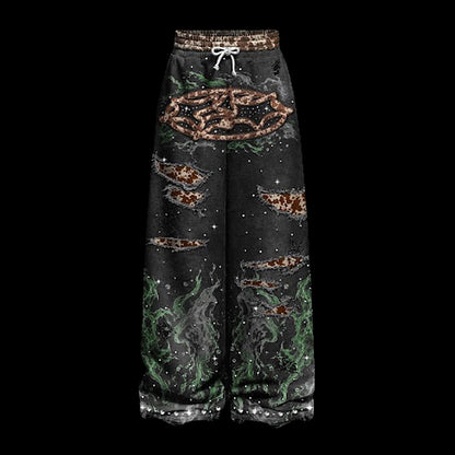 Ugly Society Leopard Star Sweatpants in cow print, front view, wide-leg streetwear sweatpants