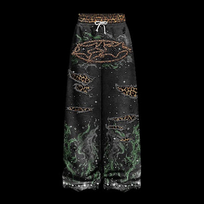Ugly Society Leopard Star Sweatpants in leopard, front view, wide-leg rhinestone hem streetwear sweatpants