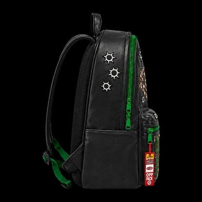 Ugly Society Opp Pack 93 Backpack in black, side view, studded strap streetwear backpack