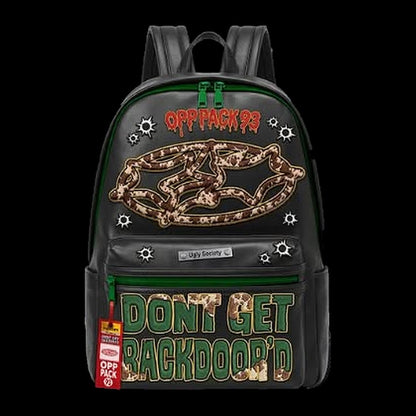 Ugly Society Opp Pack 93 Backpack in black, front view, studded streetwear backpack