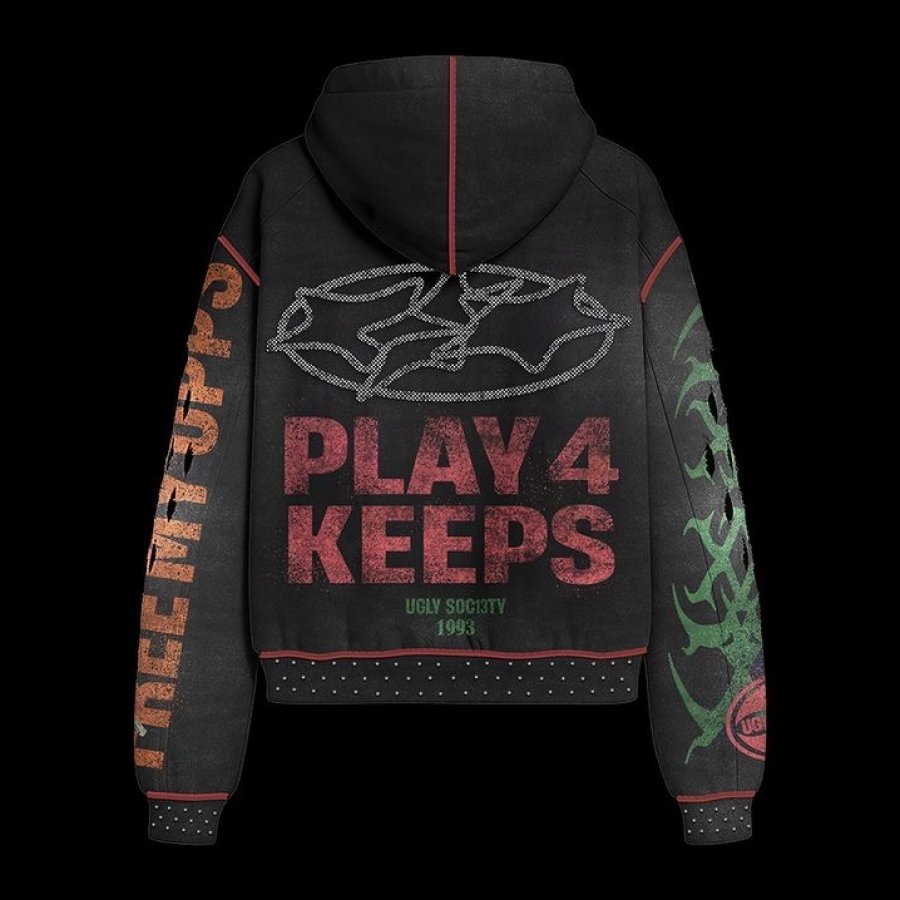 Ugly Society Ride The 9 Zip Hoodie in black, back view, Play 4 Keeps print streetwear zip-up