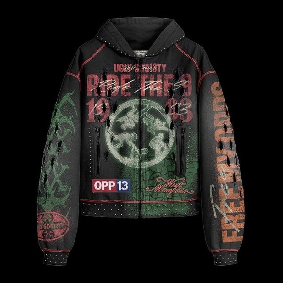 Ugly Society Ride The 9 Zip Hoodie in black, front view, studded distressed streetwear zip-up