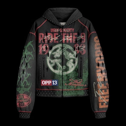 Ugly Society Ride The 9 Zip Hoodie in black, front view, studded distressed streetwear zip-up