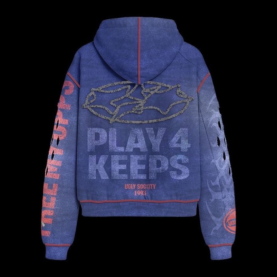 Ugly Society Ride The 9 Zip Hoodie in blue, back view, Play 4 Keeps print streetwear zip-up