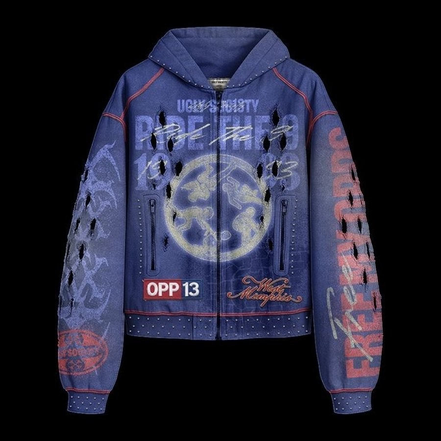 Ugly Society Ride The 9 Zip Hoodie in blue, front view, studded distressed streetwear zip-up