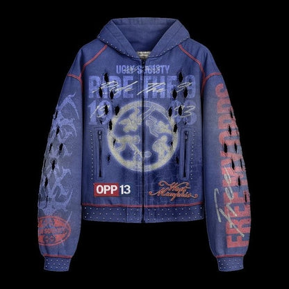 Ugly Society Ride The 9 Zip Hoodie in blue, front view, studded distressed streetwear zip-up