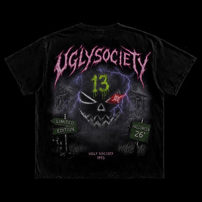Ugly Society Soc13ty Halloween 26' Tee in washed black, back view, limited edition Halloween streetwear tee
