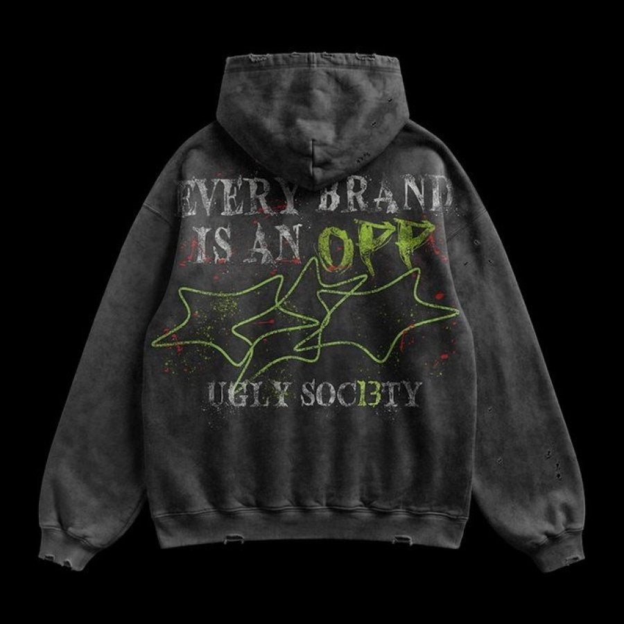 Ugly Society Soc13ty Pumpkin Hoodie in washed charcoal, back view, Ugly Soc13ty print streetwear hoodie