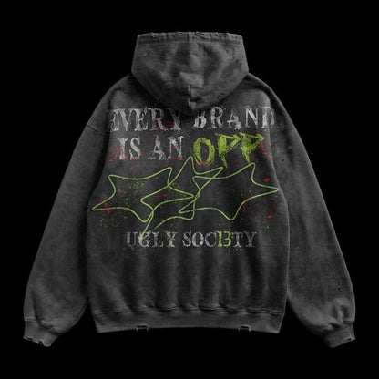 Ugly Society Soc13ty Pumpkin Hoodie in washed charcoal, back view, Ugly Soc13ty print streetwear hoodie